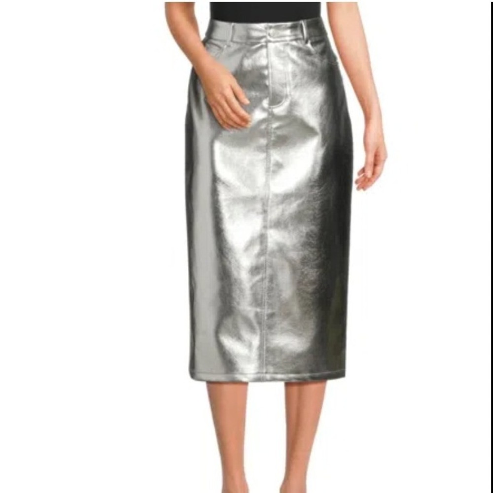 Avec Les Filles Silver Metallic Faux Leather Midi Pencil Skirt Size S NWOT